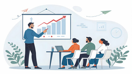 Manager Presenting Growth Chart to Team Highlighting Progress and Setting New Objectives with Clear Advertising Space