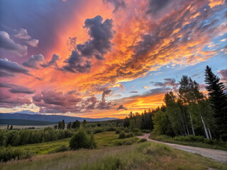 sunset in the mountains. sunset, sky, sun, clouds, nature, landscape, sunrise, cloud, orange, evening, dusk, red, tree, light, sunlight, forest, color, mountain, horizon, night, view, summer, silhouet