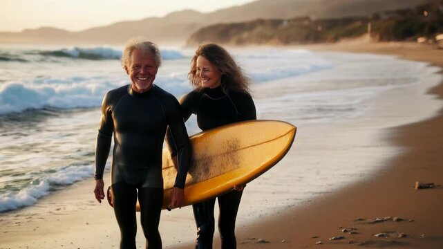 Mature Couple Smiling in Wetsuits Holding a Yellow Surfboard at Sunset by the Ocean Shoreline, Embracing an Active and Adventurous Lifestyle Together – Video Made Using Generative AI