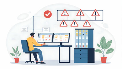 IT Specialist Managing Multiple System Alerts at Workstation with Notifications and Technical Challenges in Photo Stock Concept