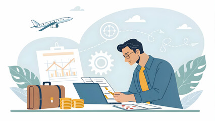 Travel finance manager analyzing trip budgets on macro reality background concept as Travel finance manager analyzing trip budgets and financial reports on a desk with a macro reality background symbo