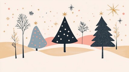Obraz premium Christmas Winter Landscape with Stylized Trees and Festive Elements.
