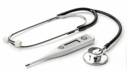 Digital Thermometer and Stethoscope on White Background - Healthcare Tools Innovation Concept with Copy Space
