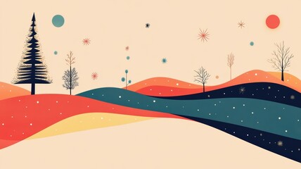 Naklejka premium Abstract Winter Landscape with Pine Tree and Rolling Hills.