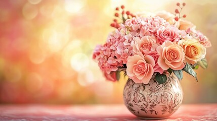 Peach and pink roses and hydrangeas in a decorative vase against a bokeh background.