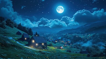 A serene mountain village nestled in a valley under a full moonlit sky at night, with illuminated homes and a landscape of rolling hills.
