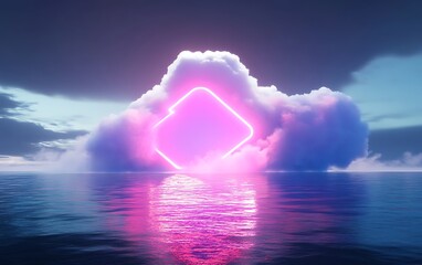 Cloud with glowing neon lines and water surface, 3d rendering, Generative Ai