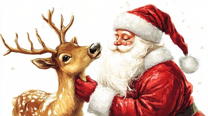 Santa Claus with Reindeer Christmas Illustration Festive Holiday Art
