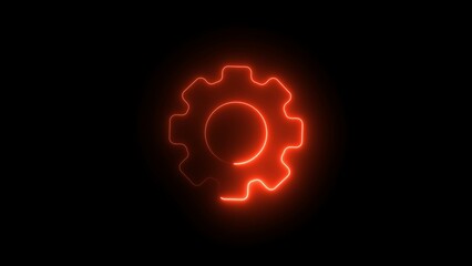 Outline neon gear icon. Glowing neon gearwheel silhouette, cogwheel pictogram. Setting process,  Glowing gear symbol isolated on brick wall background
