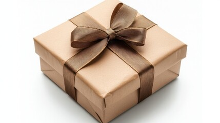 Obraz premium Brown gift box, brown ribbon, bow. White background.