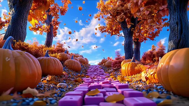 Whimsical Halloween landscape with candy-coated path leading to a pink castle, surrounded by pumpkin characters and orange trees under a cloudy sky