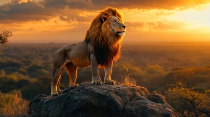 Lion on rock, sunset backdrop; majestic, powerful.