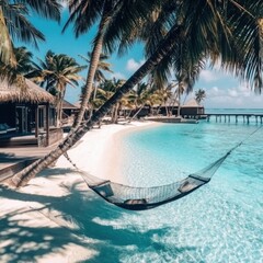 Obraz premium Beach, hammock, palm trees, clear water.