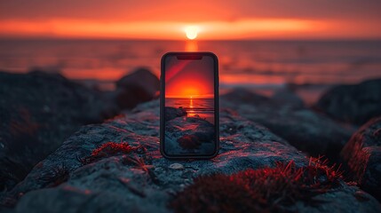 A smartphone capturing a stunning sunset over the ocean.