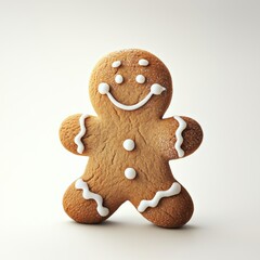 A cheerful gingerbread cookie with icing decorations stands against a plain background, evoking a festive and playful atmosphere.
