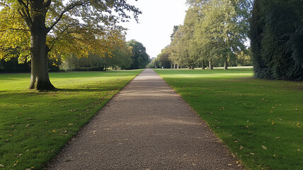 Fototapeta premium Sunlit path through a park with lush green grass and tall trees.