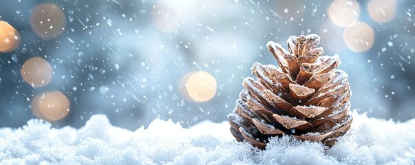 A beautiful pine cone sits atop soft, white snow, surrounded by gentle snowfall and softly blurred lights in the background, creating a serene winter scene.