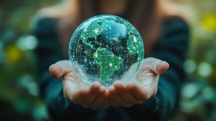 Person's hands gently hold a glowing, digital Earth globe. Illustrates global connection, sustainability, or worldwide care.