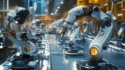 A futuristic industrial setting with robotic arms performing tasks on an assembly line.