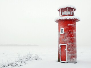 A vibrant red lighthouse stands in a snowy landscape, surrounded by white snow, creating a serene and picturesque winter scene.