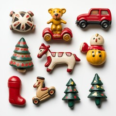 Colorful Christmas-themed decorative items including a bear, car, snowman, and Christmas tree, perfect for holiday festivities and decorations.
