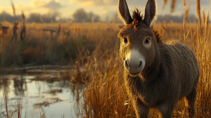 Fototapeta premium Adorable Donkey in Golden Hour Meadow