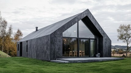Fototapeta premium A modern, angular house with a dark facade and large windows set in a grassy landscape.