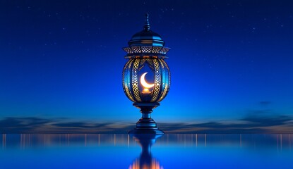 Obraz premium Elegant Ramadan Lantern with Crescent Moon Night Sky Reflection