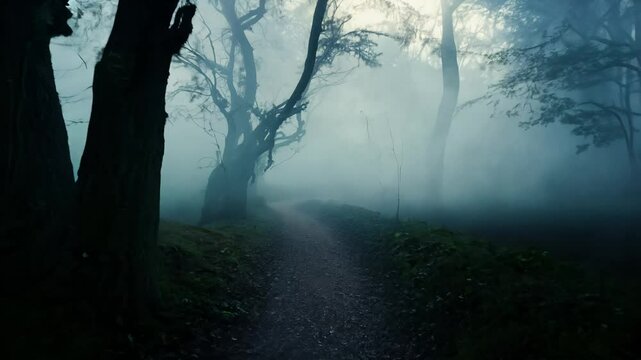 Tracking video of a narrow path in an eerie, fog-covered forest at dawn with mist, trees and distant noises