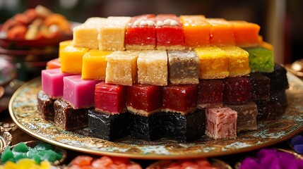 A colorful array of nian gao, or Chinese New Year cake, in various flavors such as red bean, lotus seed, and brown sugar, stacked neatly on a decorative plate 