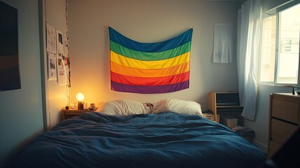 A bedroom with a rainbow flag hanging above the bed.