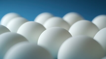 Close-up of many white eggs arranged on a blue background.