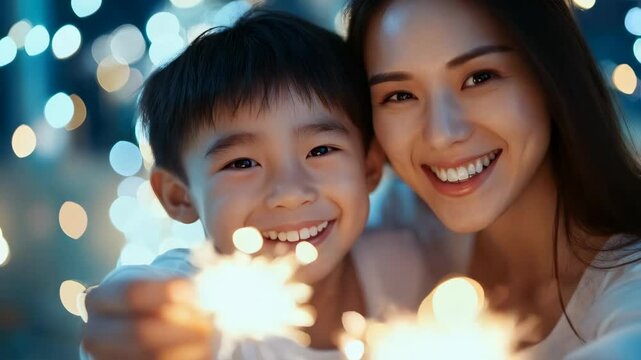 Happy Asian family with sparklers celebrating Chinese New Year. Festive concept for Lunar New Year, Christmas, asian festival, birthday