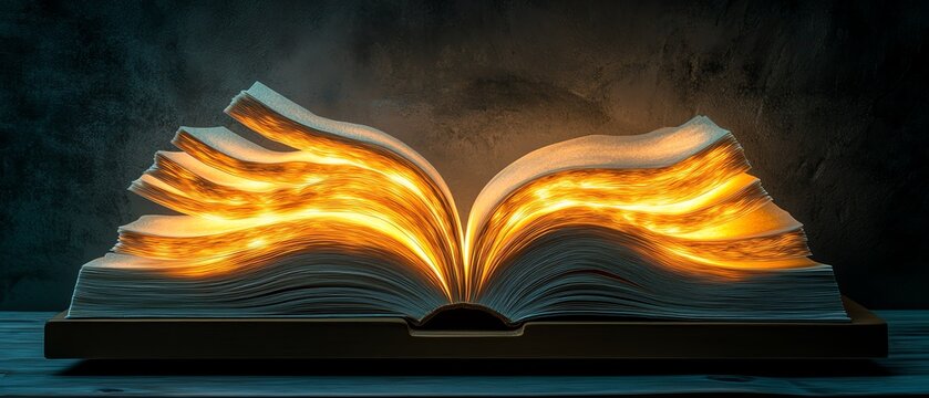 Open book with glowing pages, emanating light, symbolizing effective learning, creativity, and the power of education, showcasing imagination and expanding horizons through reading