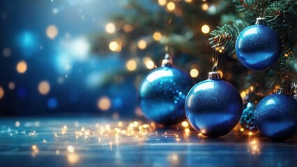 A beautifully decorated Christmas tree adorned with sparkling green and gold ornaments against a glowing, festive blue background.