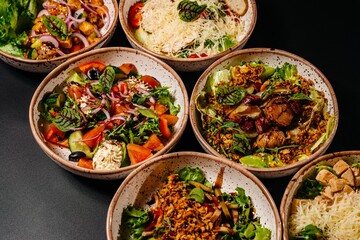 Photo of food, composition of several cold dishes, salads