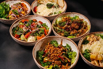Photo of food, composition of several cold dishes, salads