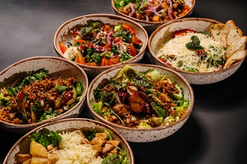 Photo of food, composition of several cold dishes, salads