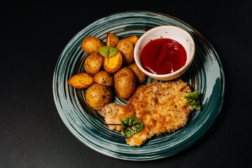 Food photo, baked potatoes with roast meat and sauce
