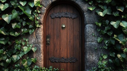 Enigmatic Wooden Door in Ivy-Covered Stone Arch