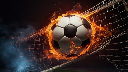 A flaming soccer ball smashing into the goal net with intense fire effects, creating a powerful and dynamic sports moment