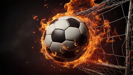 Naklejka premium A flaming soccer ball smashing into the goal net with intense fire effects, creating a powerful and dynamic sports moment