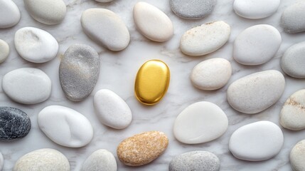 A golden stone surrounded by smooth, pale pebbles on a marble surface.