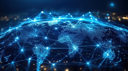 Obraz premium Global network connection visualized on a digital earth. Illustrates worldwide connectivity, data transfer, and global communication.