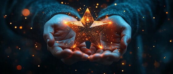 Hologram star trophy in a businessman s hands, glowing light and dark background, symbolizing success and achievement in business, AIgenerated imagery