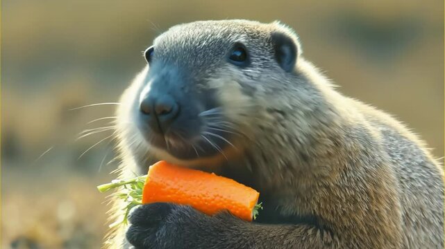 A close-up of a groundhog eating a carrot outdoors, showcasing natural behavior. The scene radiates simplicity and charm with its wildlife appeal.