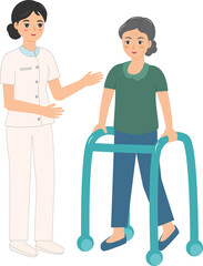 Obraz premium Elderly learn to walk with a walker.