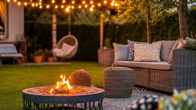 Cozy outdoor space with a fire pit, seating, and warm string light for relaxation.