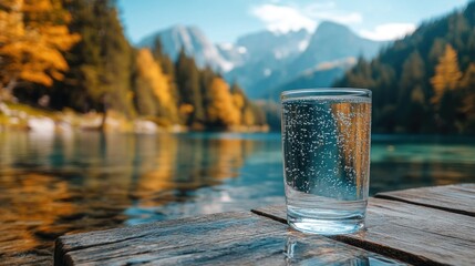 Glass of pure water standing on a wooden dock. © MDASHIR
