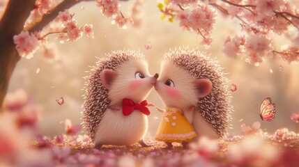Anthropomorphic hedgehogs kissing under cherry blossom in cute 3D